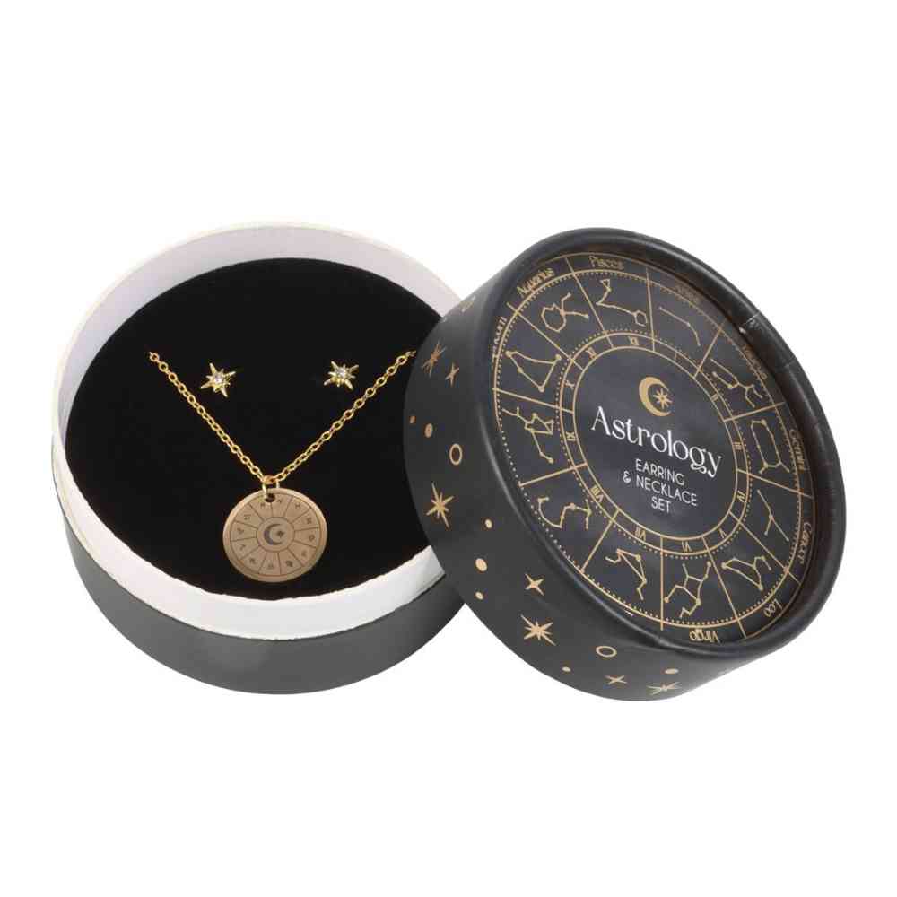 Something Different - Astrology Wheel Earring and Necklace Set Jewellery set - Black/Gold coloured